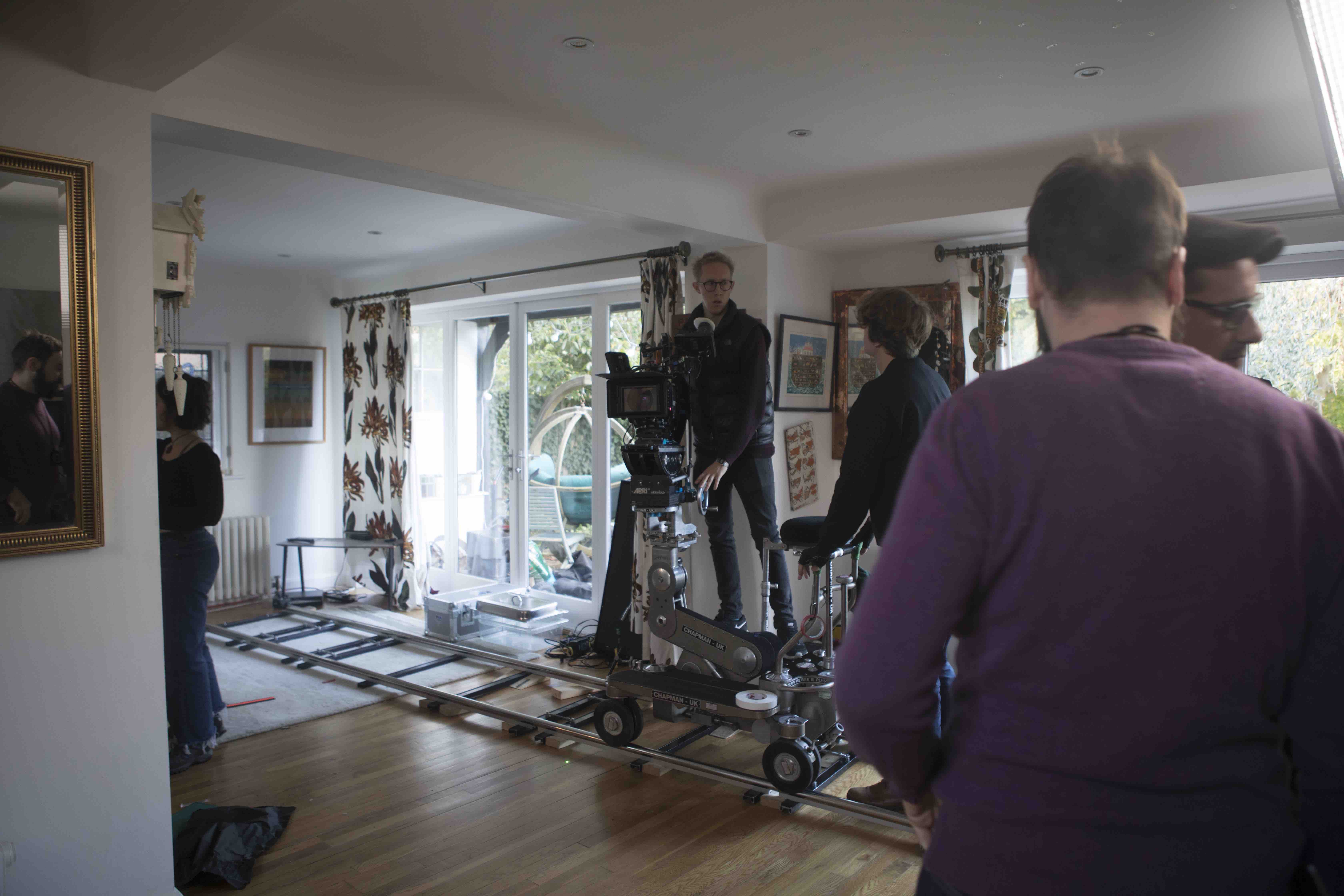 Behind the scenes on Transference, the camera rig laid out across the living room floor